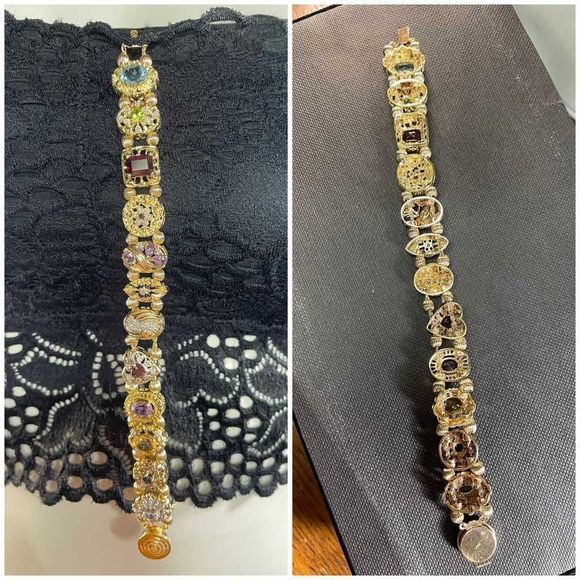 14K Yellow Gold Multicolor Gemstone Slide Bracelet 7” Long - Picture 4 of 12